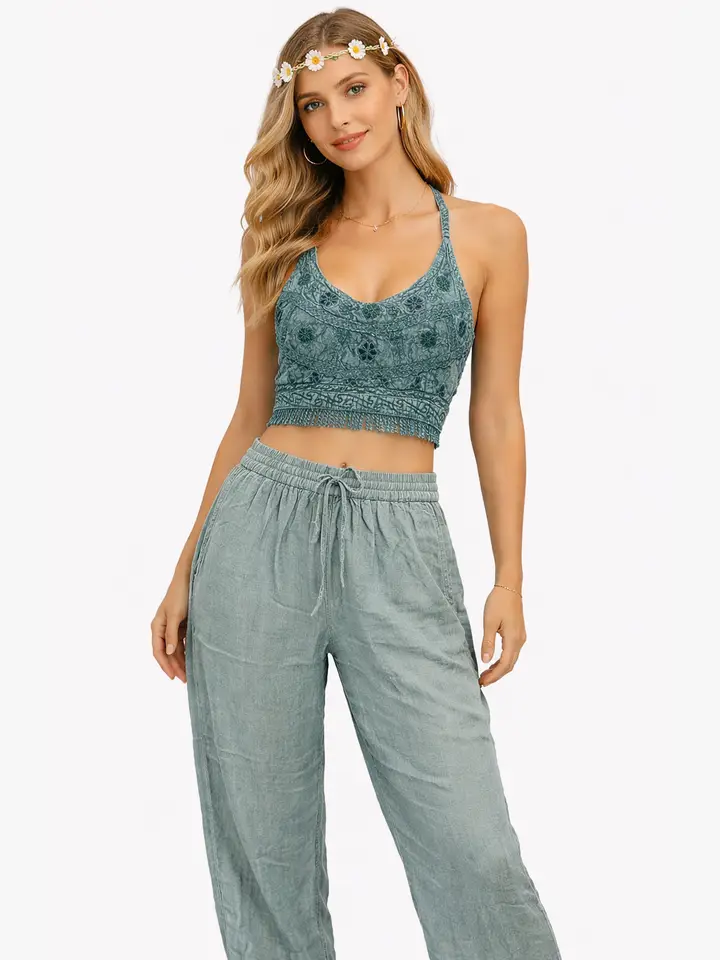 Acid wash Harem pants with Acid wash Tie Top Set